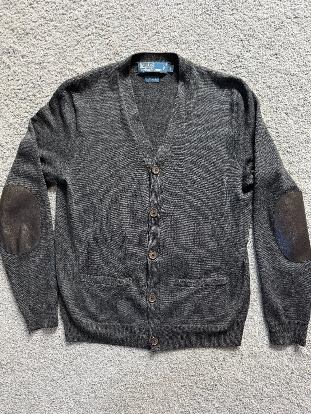 Polo Ralph Lauren Gray 100% Wool Button Cardigan Sweater w/ Elbow Patches Size S